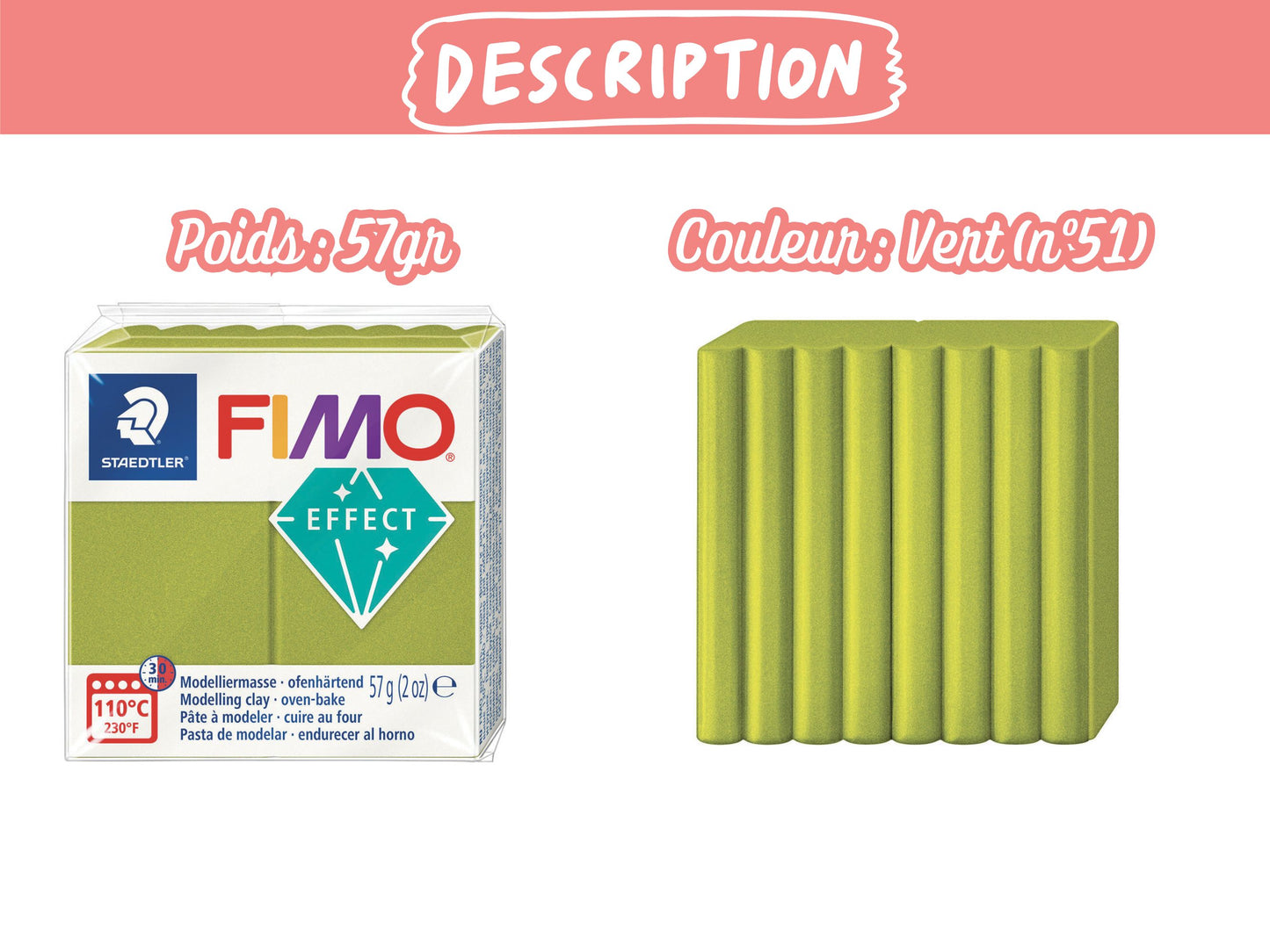 Pâte Fimo Effect métal 57g – Vert n°51