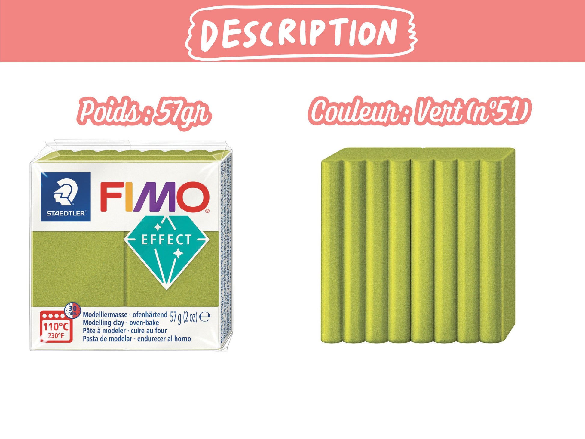 Pâte Fimo Effect métal 57g – Vert n°51