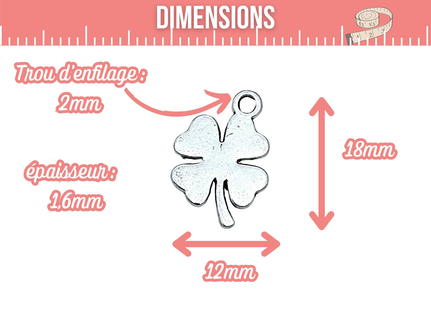 50 breloques trèfle argent mat
