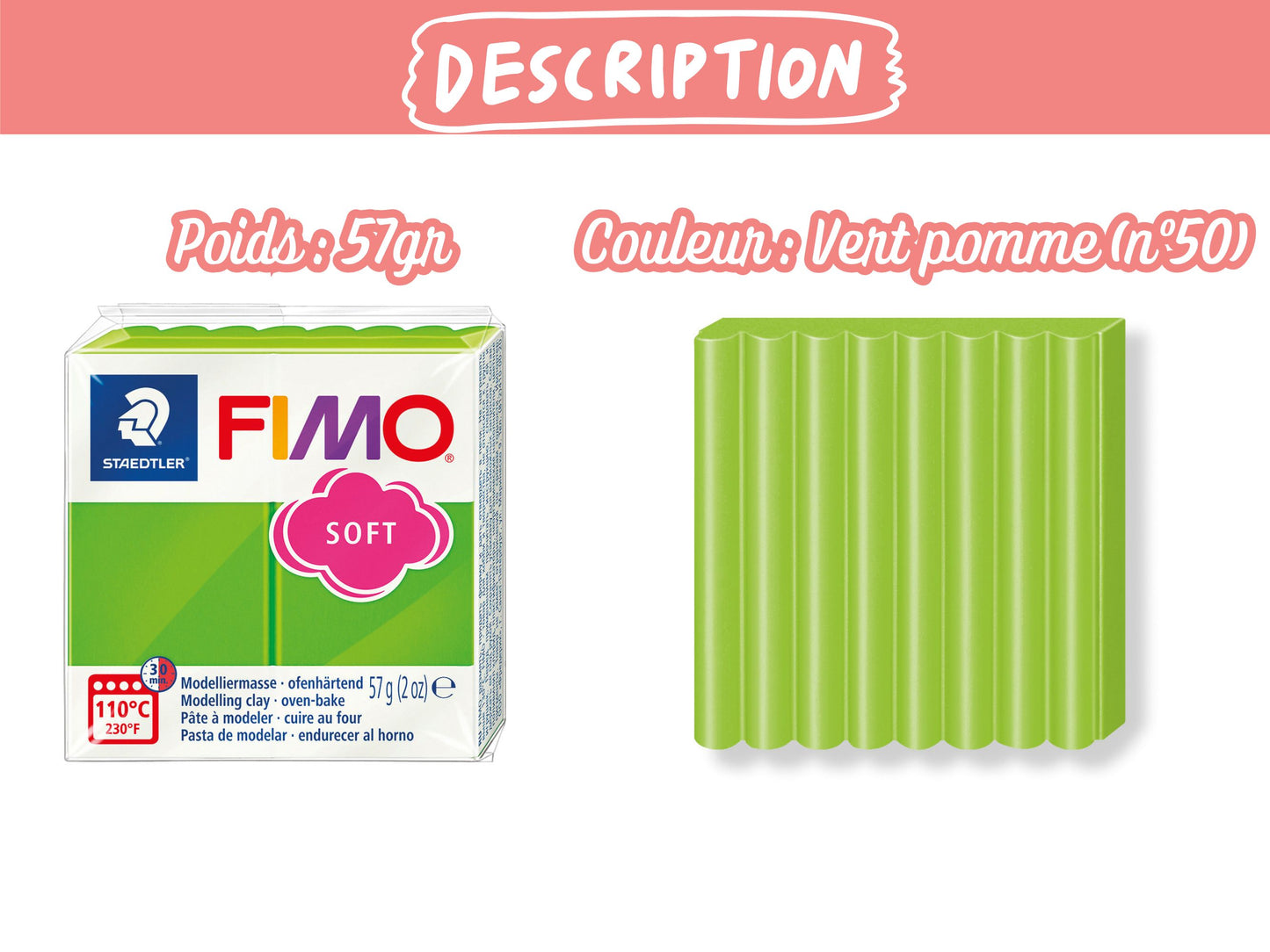 Pâte Fimo Soft 57g – Vert pomme n°50