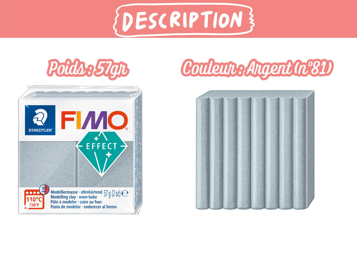 Pâte Fimo Effect métal 57g – Argent n°81