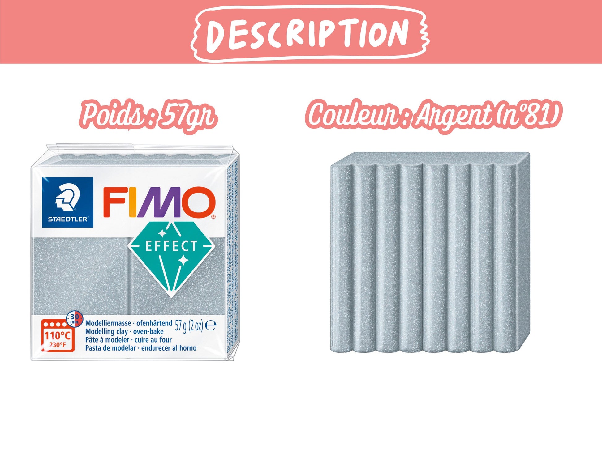 Pâte Fimo Effect métal 57g – Argent n°81